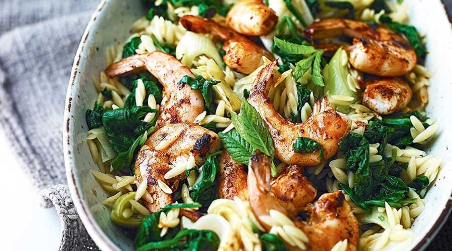 Spinach and Orzo Pilaf with Paprika Prawns Recipe