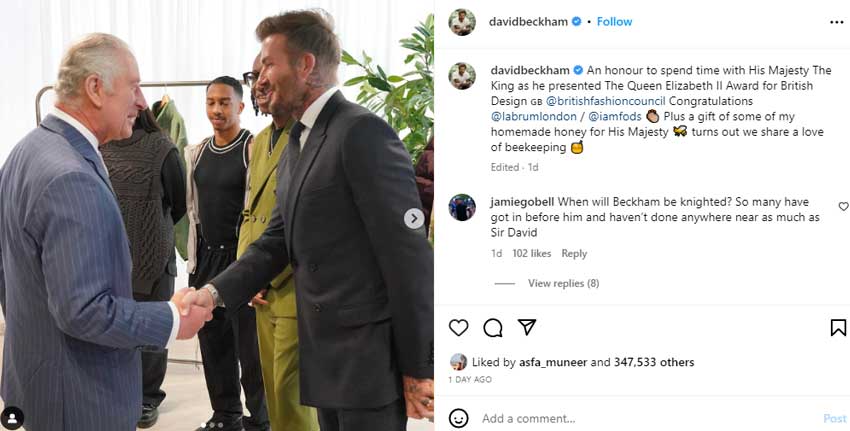 David Beckham marks World Bee Day after gifting honey jar to King Charles III